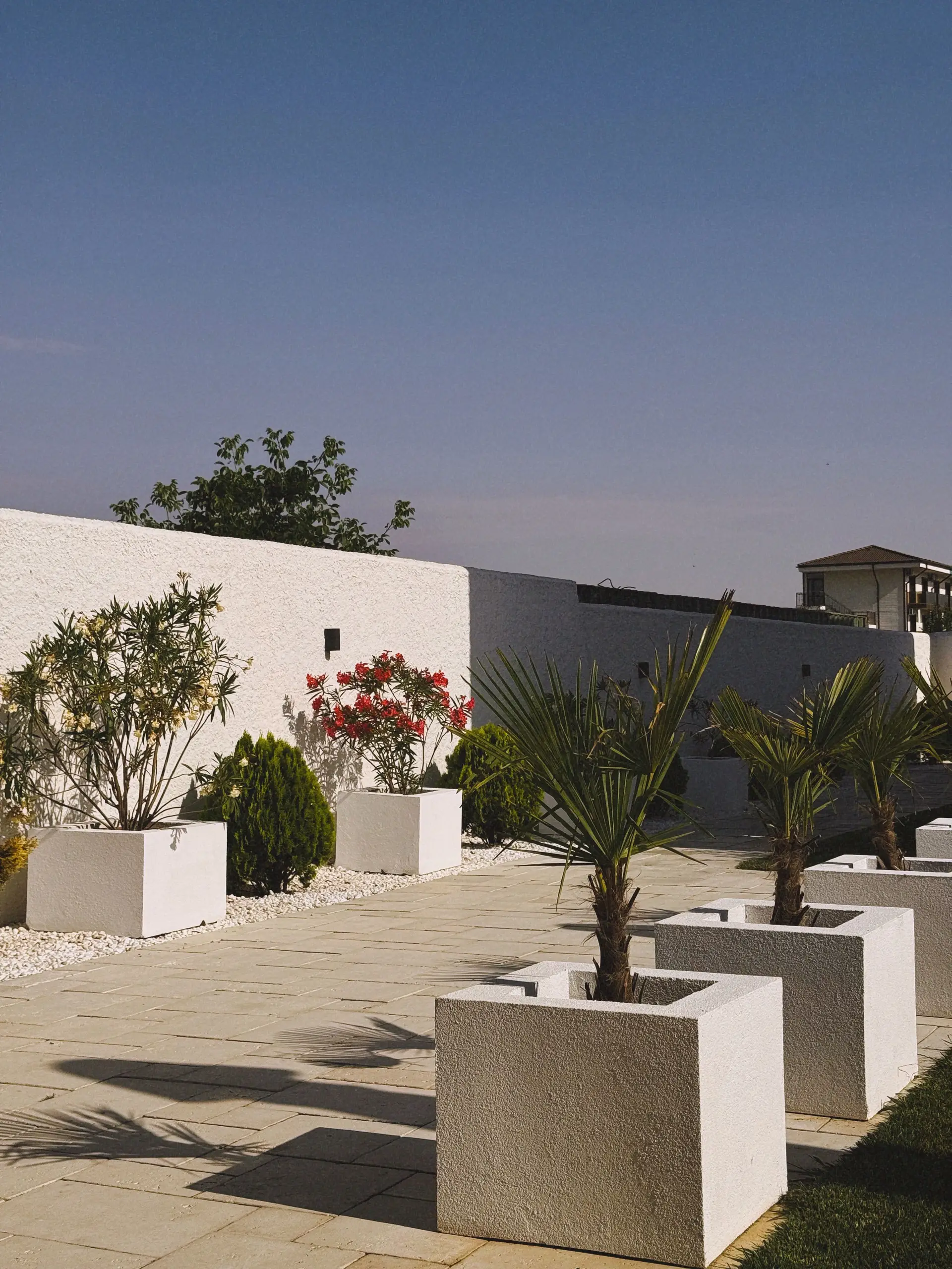 Elegante Freisitzterrasse mit ruhiger Bepflanzung und moderner Architekturführung
