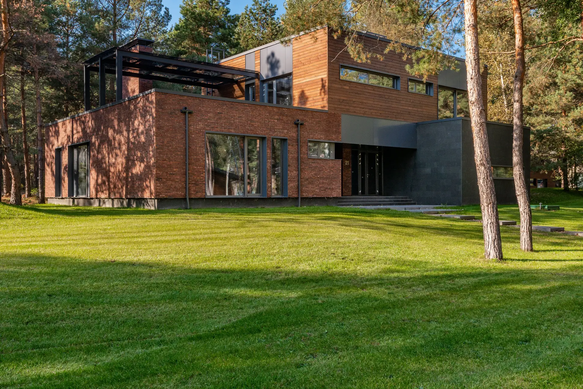 Moderner Privatgarten mit klarer kubischer Geometrie und architektonischen Ziergräsern